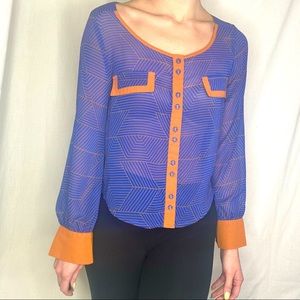 Blu Pepper Sheer Blue Button Down Geoprint Crop Top with Orange Outline Detail